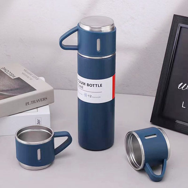Kit Garrafa Térmica Inox 500ml Com 3 Xícaras Camping Viagem Café – Cores Sortidas